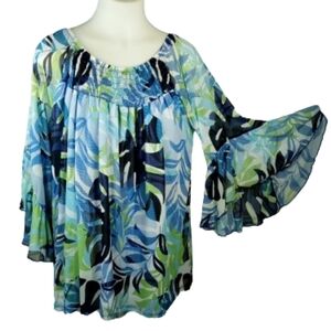 Cato Blue Green Bell Sleeve Top Sz 18/20W